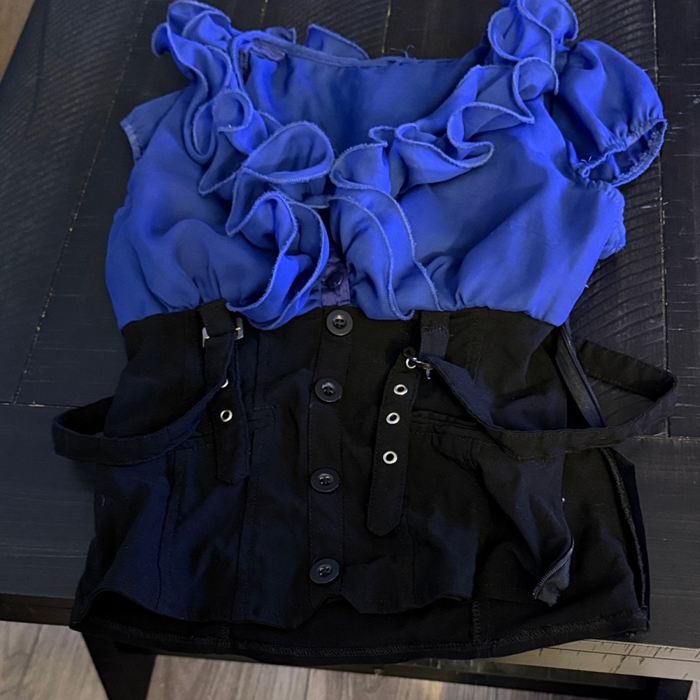 Chic Blue and Black Ruffled Blouse with Corset